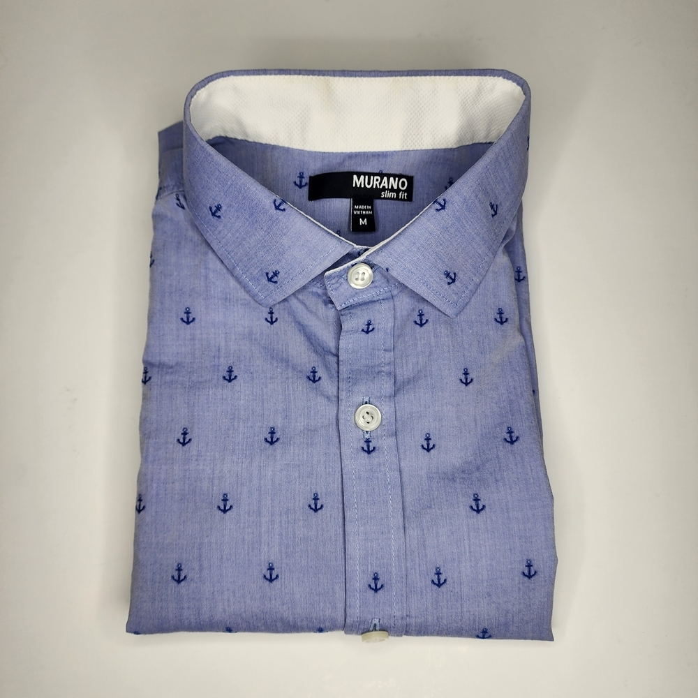 Murano Slim Fit Blue Anchors Button-Up Short Sleeve Casual Men's M Shirt Cotton - Picture 5 of 7